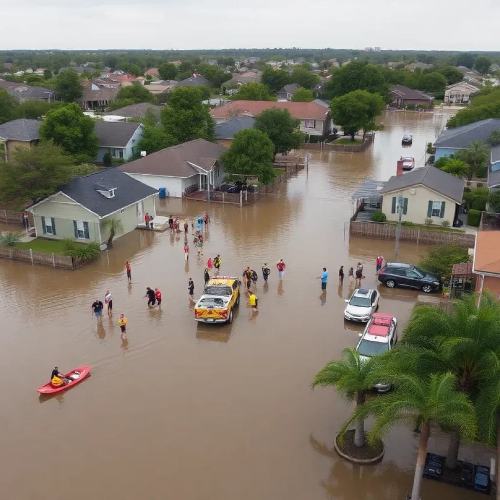 Emergency responders and volunteers in flooded Texas neighborhood
