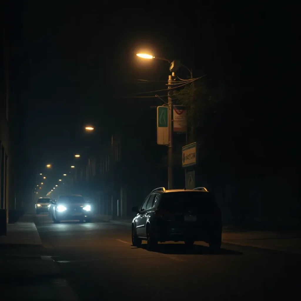 Scene depicting an urban street with surveillance cameras at night.