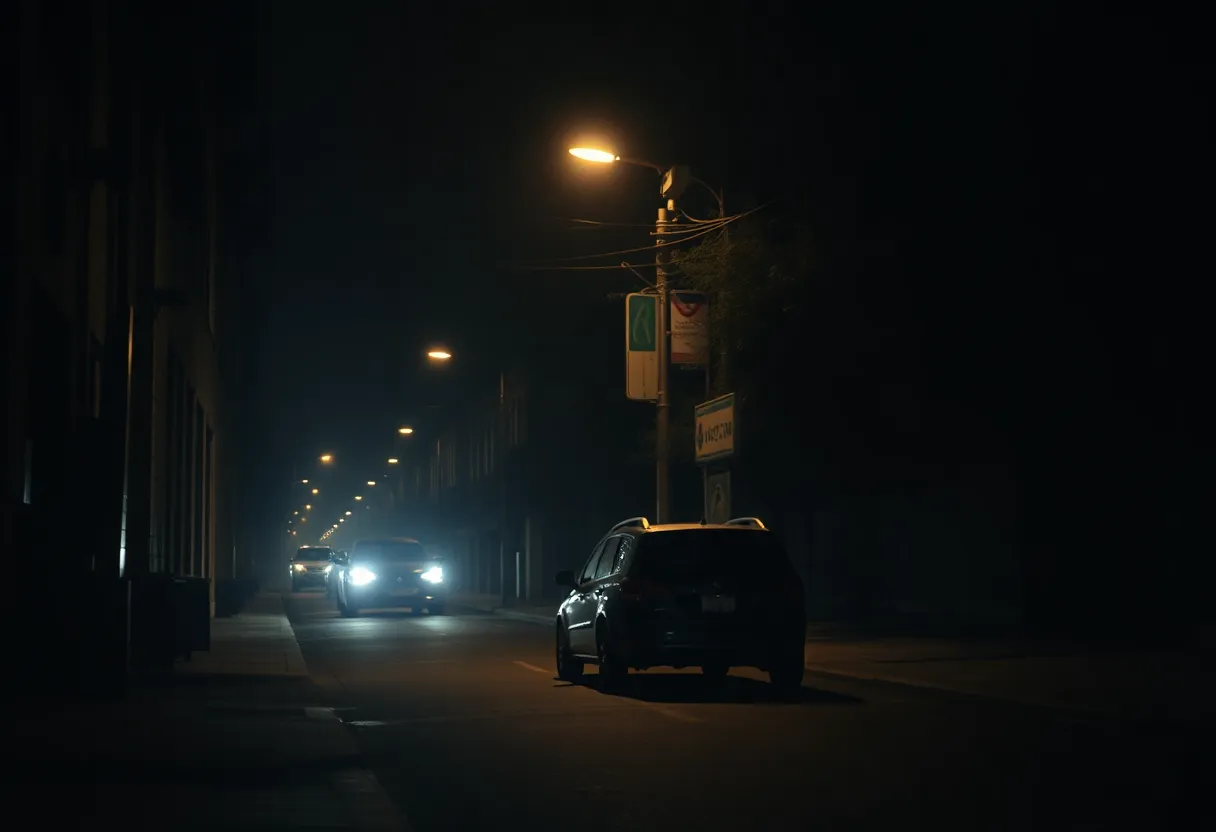 Scene depicting an urban street with surveillance cameras at night.