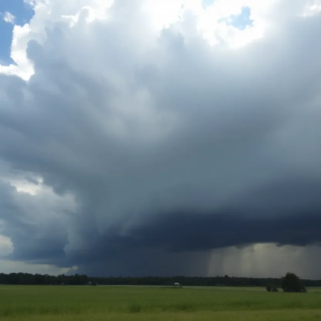 Dark thunderstorm clouds over Georgian landscape during summer