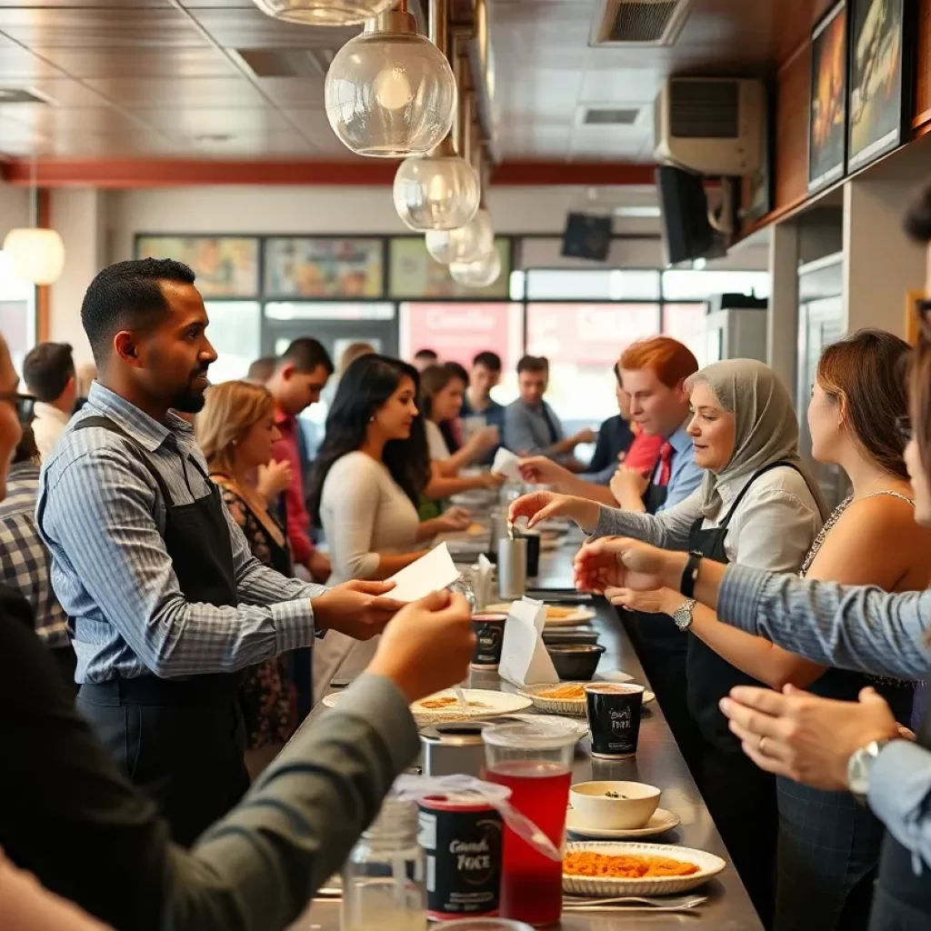 Waitstaff receiving tips in a busy restaurant