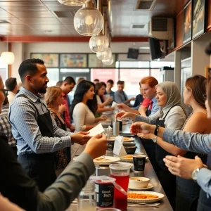 Waitstaff receiving tips in a busy restaurant