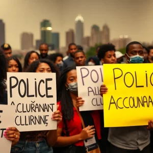 Activists holding signs demanding police accountability in Atlanta.