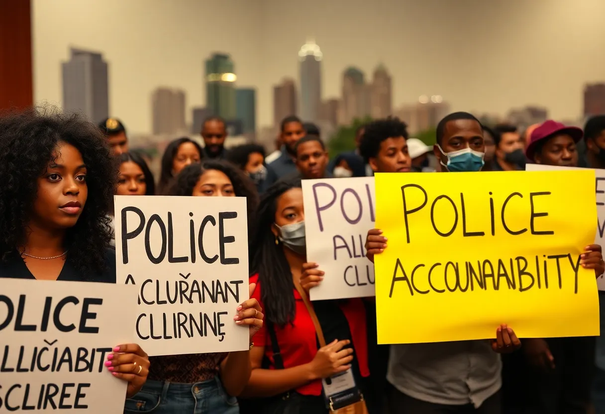 Activists holding signs demanding police accountability in Atlanta.