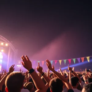 Exciting concert scene with crowd cheering and stage lights