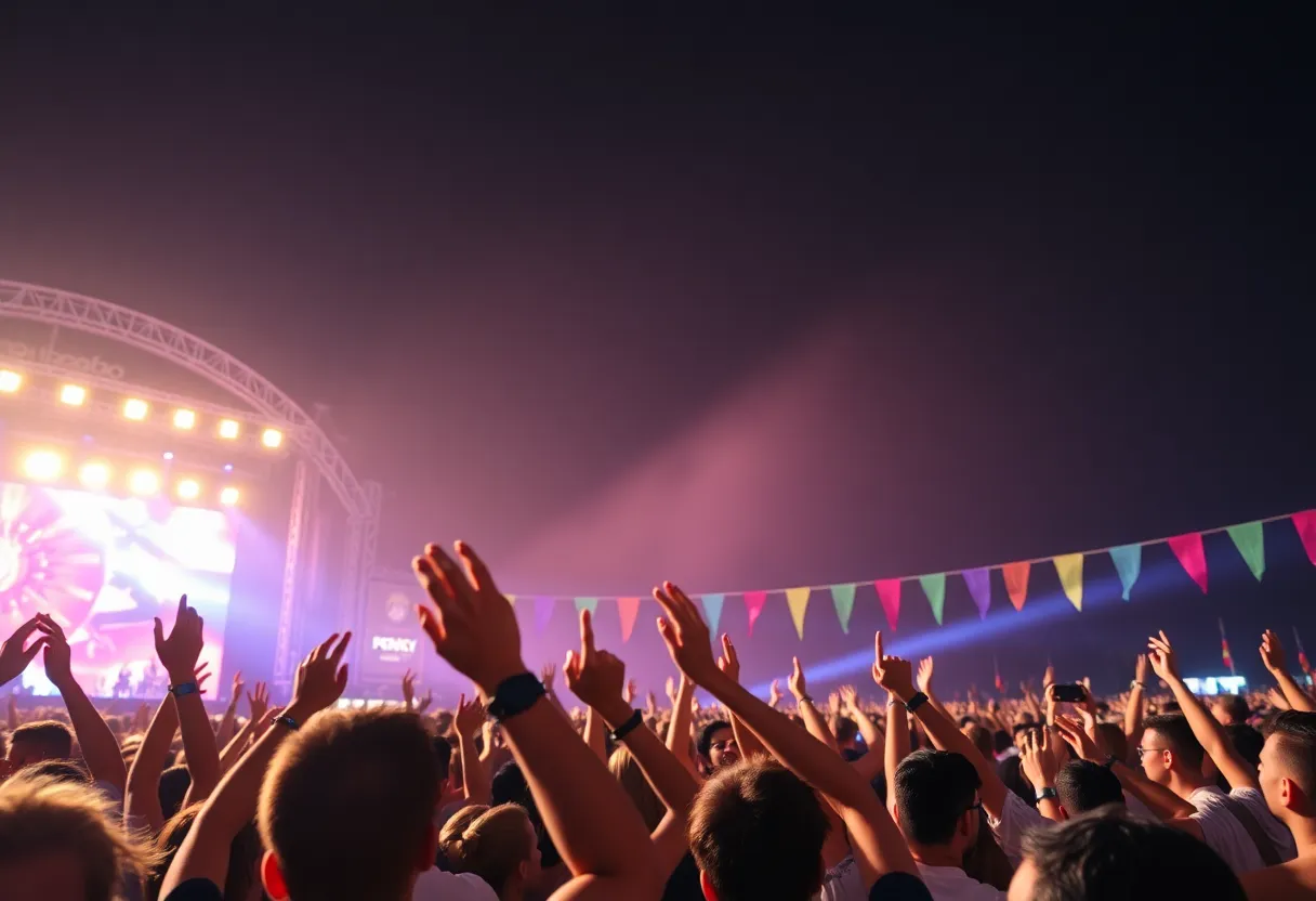 Exciting concert scene with crowd cheering and stage lights