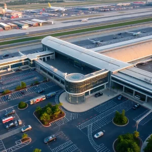 Aerial view of Hartsfield-Jackson Atlanta International Airport parking lots.