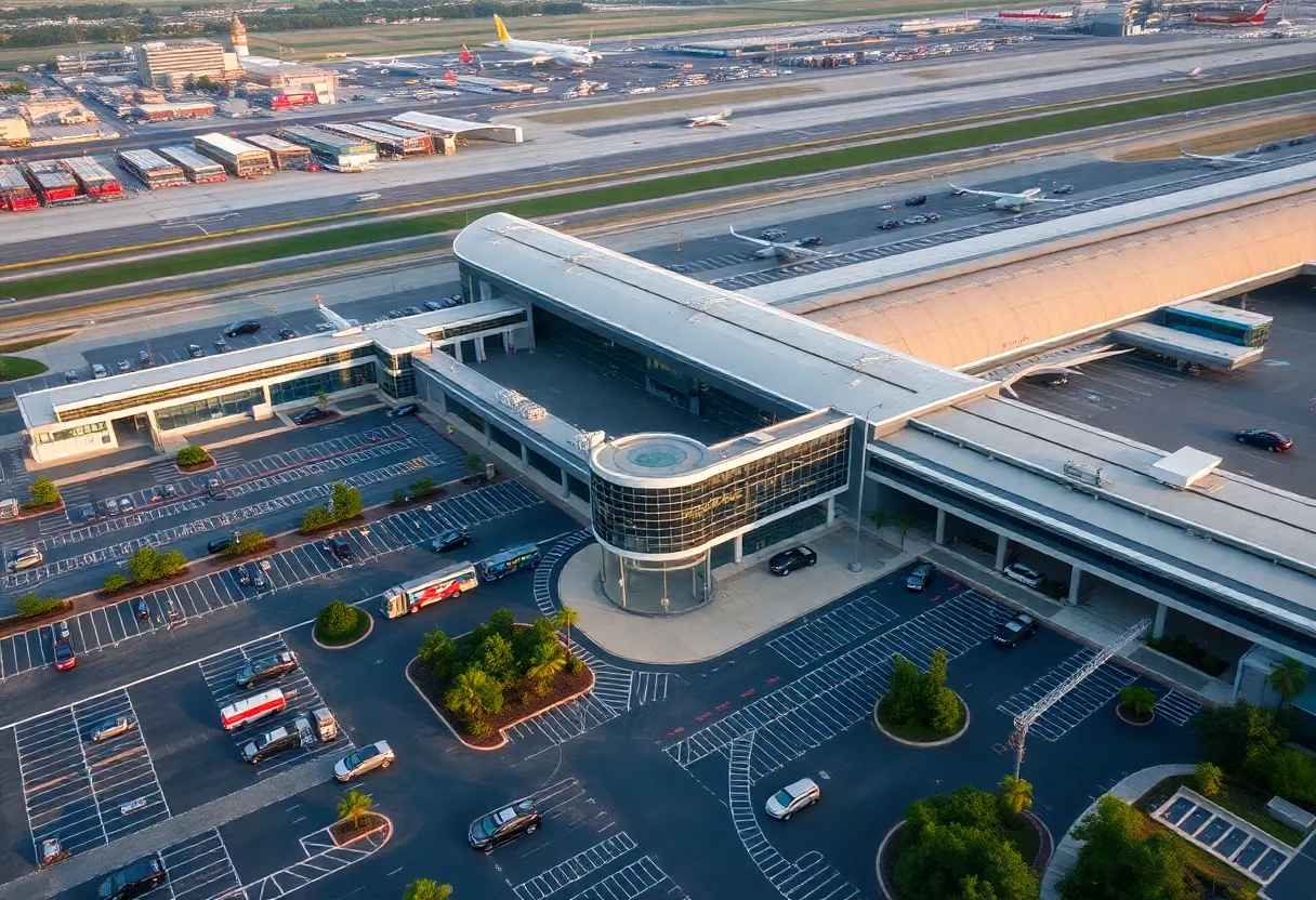 Aerial view of Hartsfield-Jackson Atlanta International Airport parking lots.