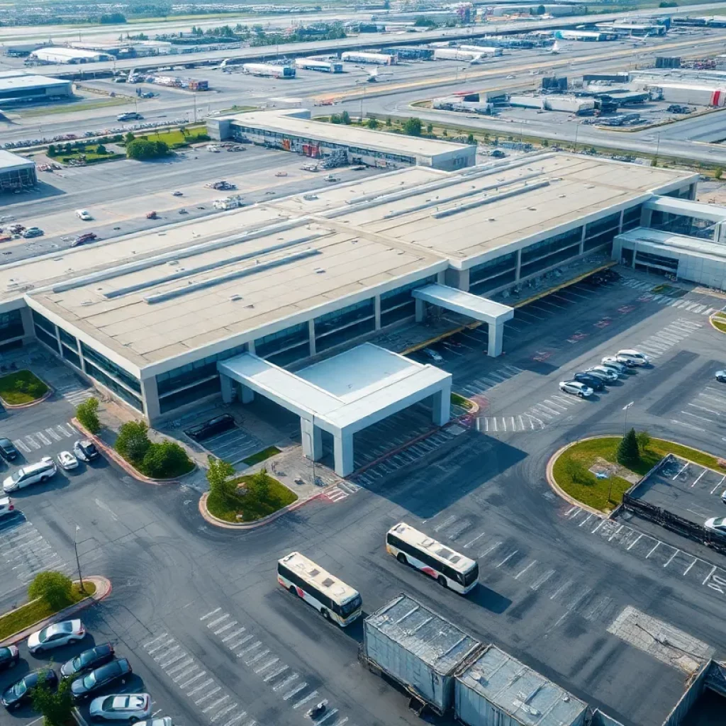 Aerial view of Hartsfield-Jackson Atlanta International Airport parking areas with cars and shuttle buses