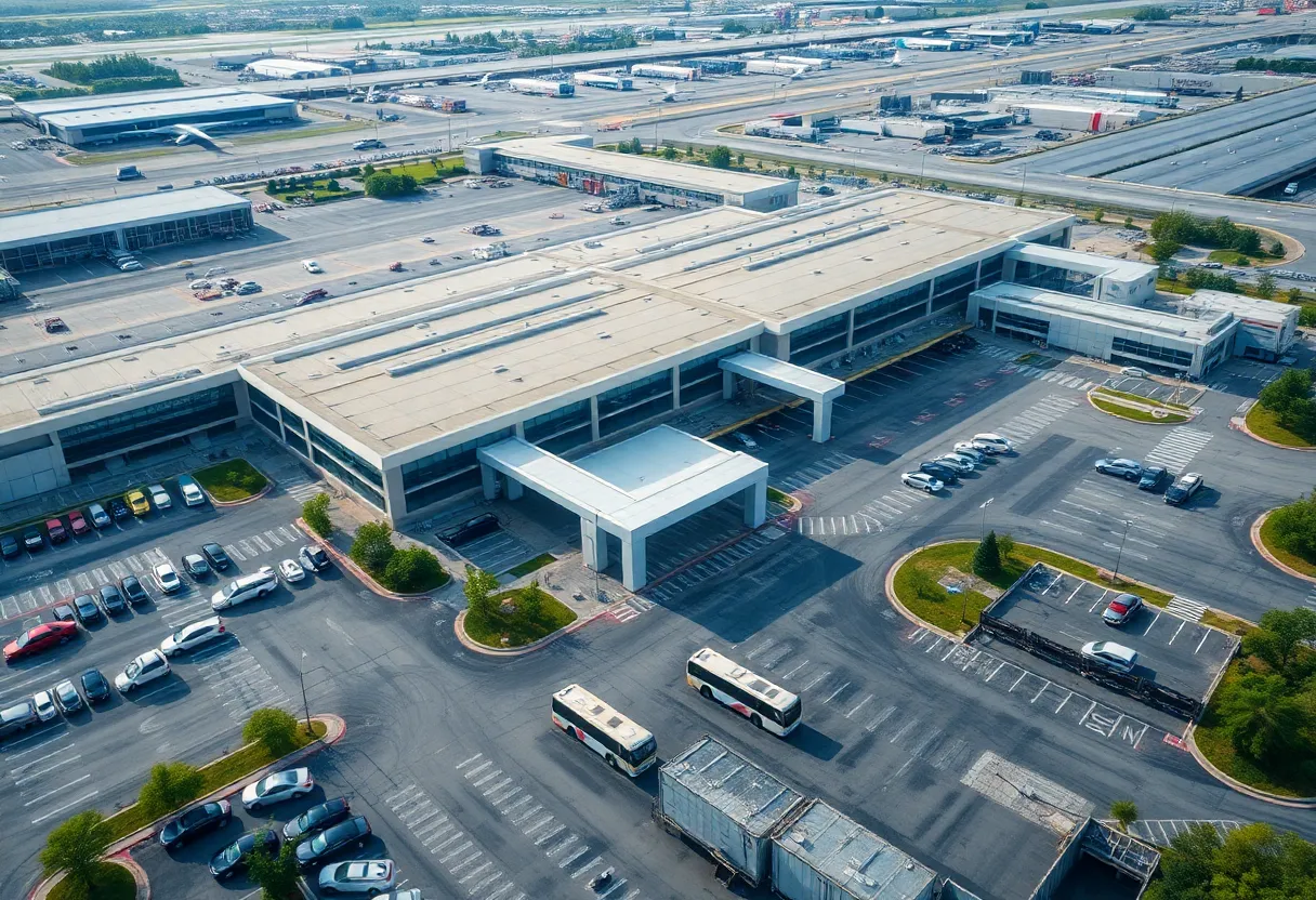 Aerial view of Hartsfield-Jackson Atlanta International Airport parking areas with cars and shuttle buses