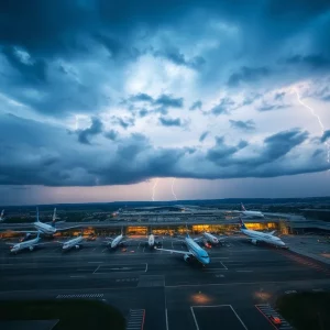 Aerial view of Hartsfield-Jackson Atlanta International Airport during severe weather
