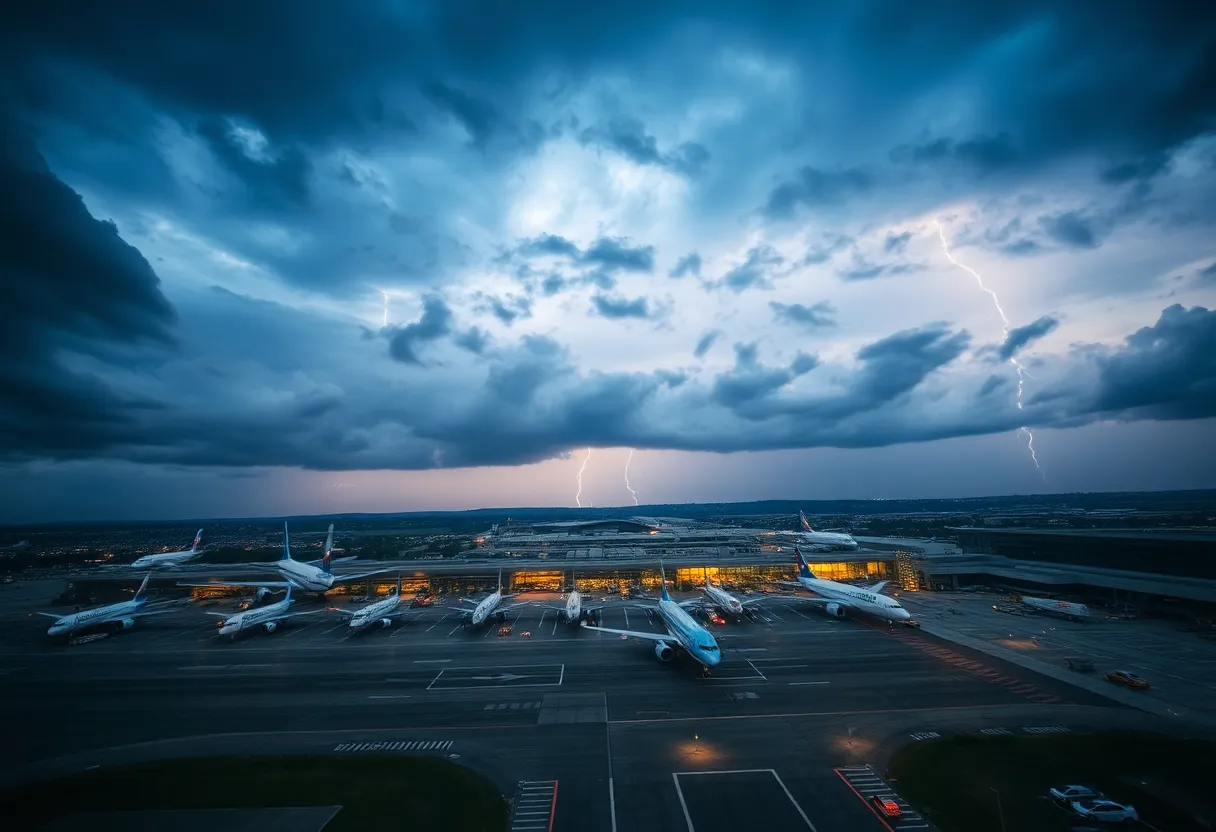 Aerial view of Hartsfield-Jackson Atlanta International Airport during severe weather