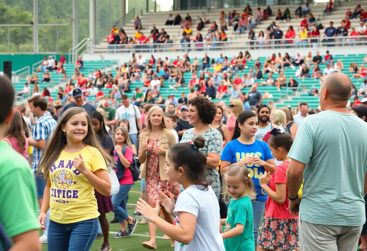 Event scene of families enjoying the back-to-school bash at Lakewood Stadium.