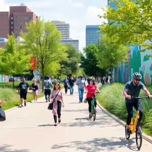 People enjoying the Atlanta BeltLine with art and greenery around