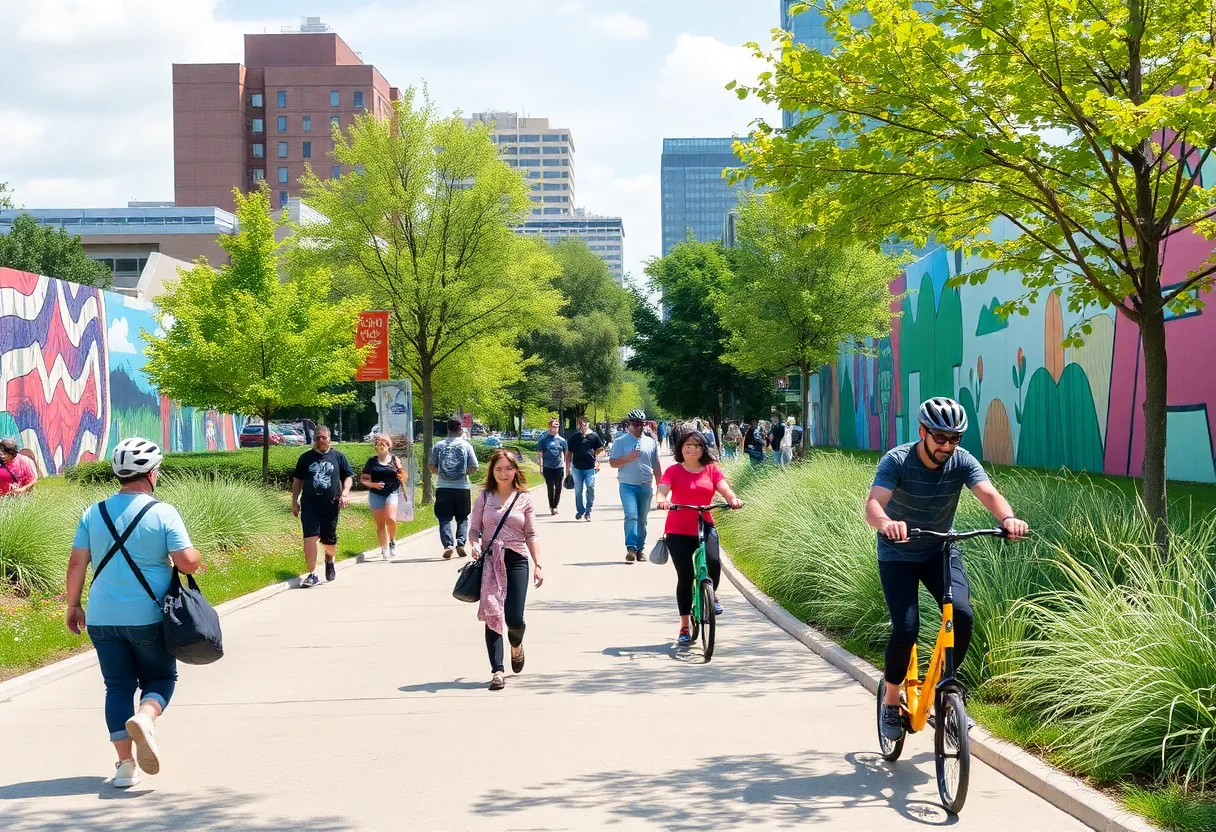 People enjoying the Atlanta BeltLine with art and greenery around
