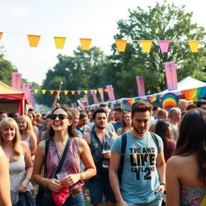 People celebrating at Atlanta Black Pride Weekend festival with colorful decorations and lively performances.