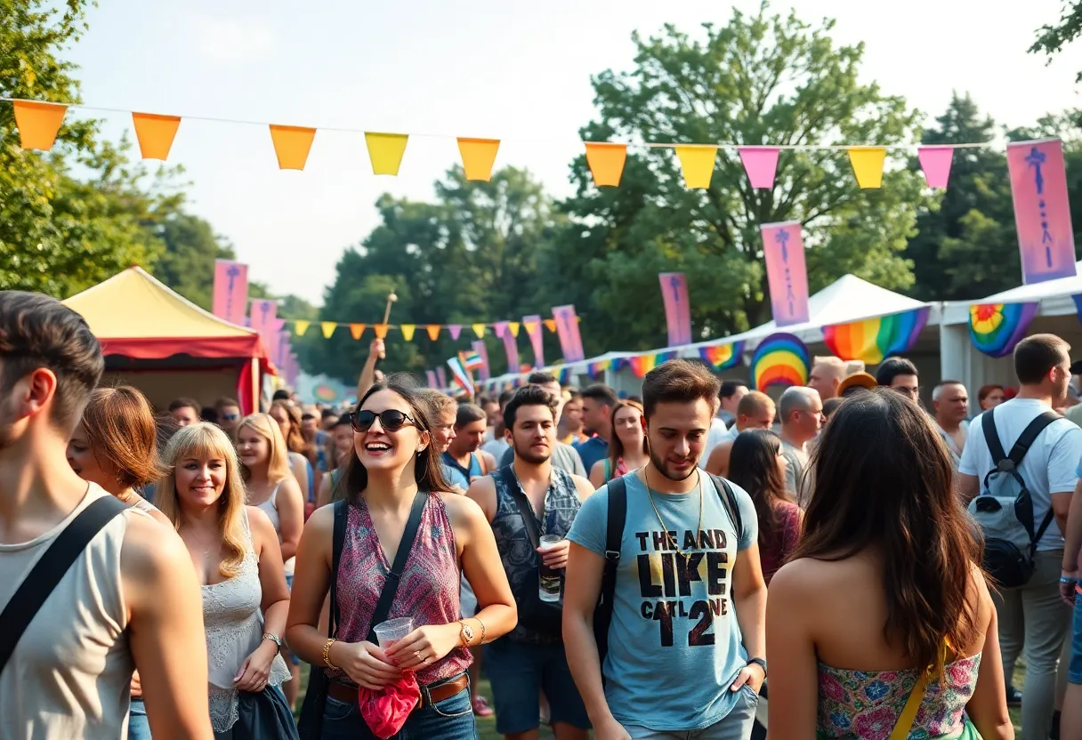 People celebrating at Atlanta Black Pride Weekend festival with colorful decorations and lively performances.