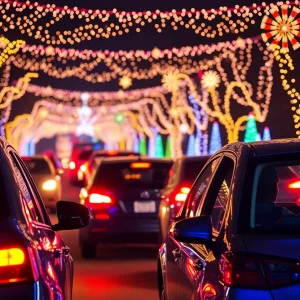 A family enjoying the Christmas lights in Atlanta during a festive driving tour.