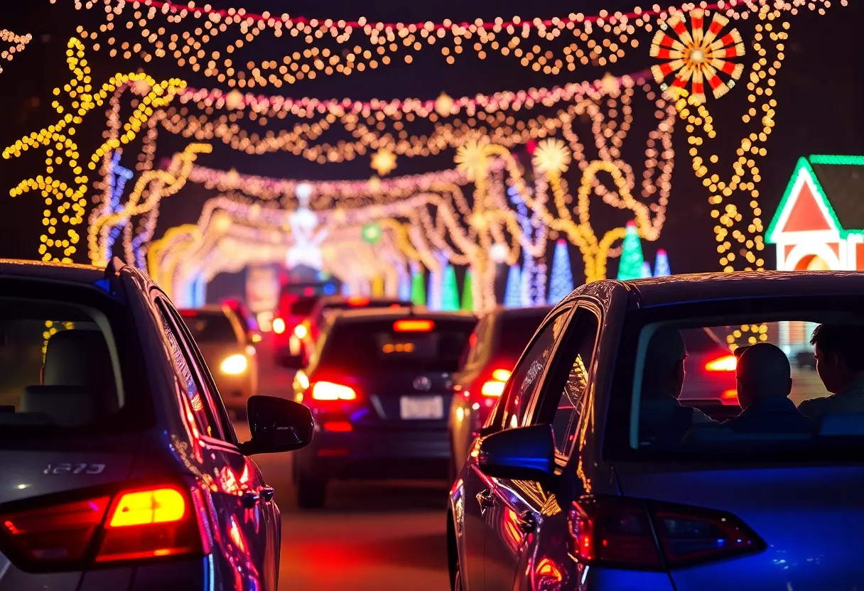 A family enjoying the Christmas lights in Atlanta during a festive driving tour.