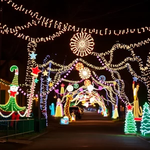 Colorful holiday lights illuminating an Atlanta street during Christmas