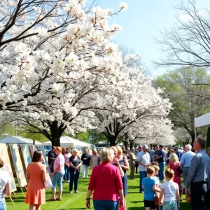 Families enjoying the Atlanta Dogwood Festival with blooming dogwood trees in the background.