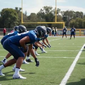 Atlanta Falcons players practicing on the field in football gear.