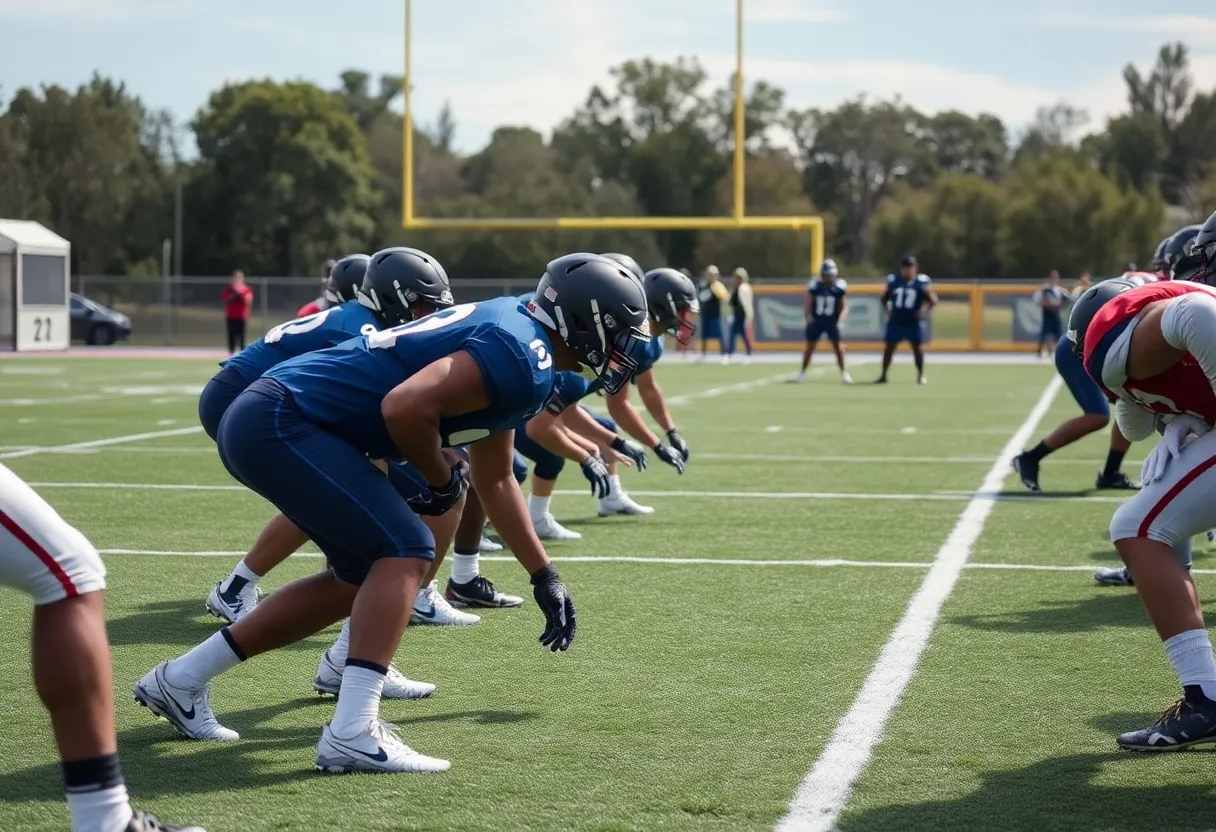 Atlanta Falcons players practicing on the field in football gear.