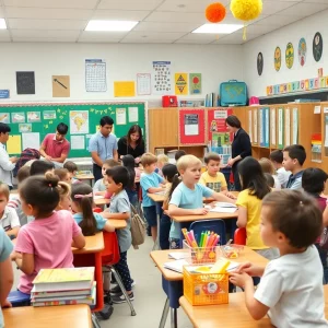Students and teachers interacting on the first day of school in a classroom