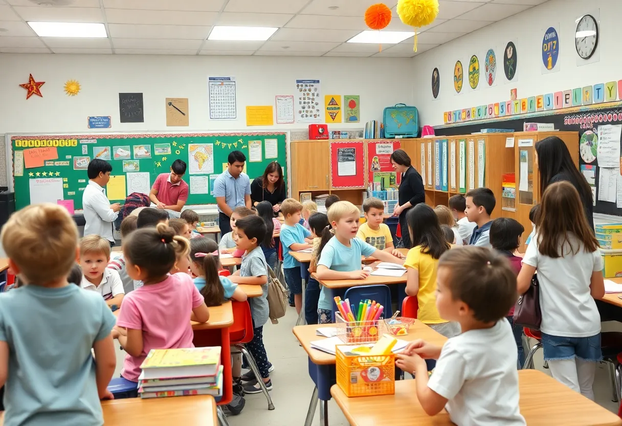 Students and teachers interacting on the first day of school in a classroom