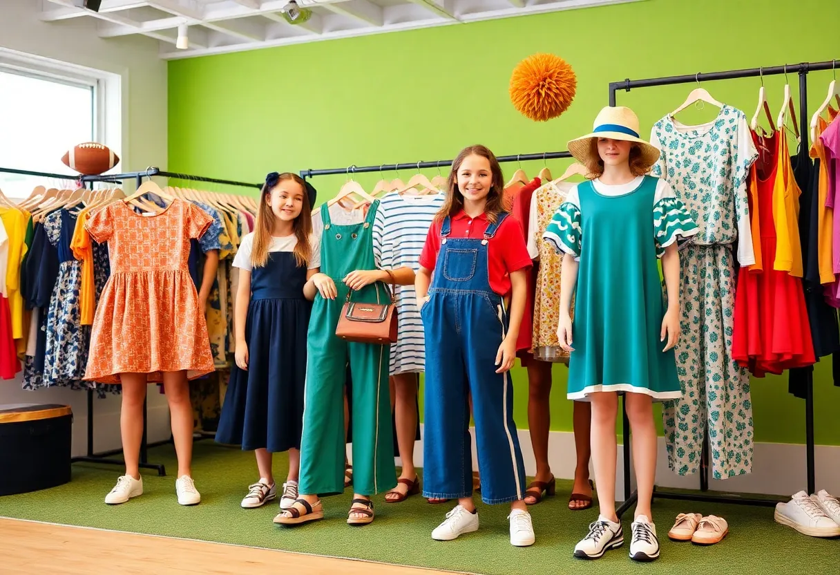 Stylish game day clothing including dresses and accessories for women and kids.