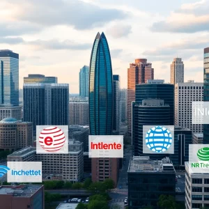 Skyline of Atlanta with internet service symbols
