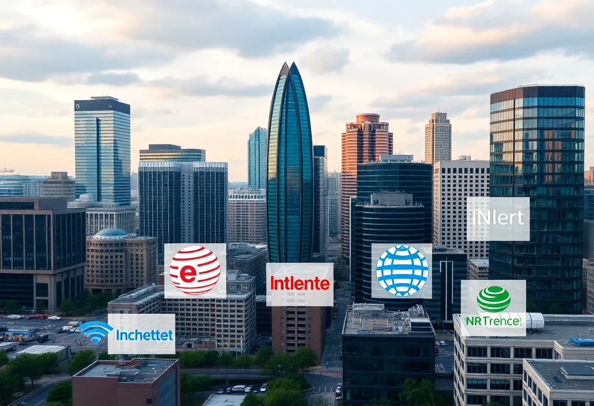 Skyline of Atlanta with internet service symbols