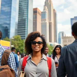 A lively image of the Atlanta job market with people searching for jobs