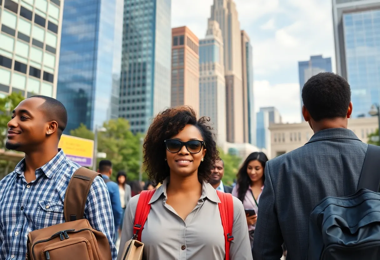 A lively image of the Atlanta job market with people searching for jobs