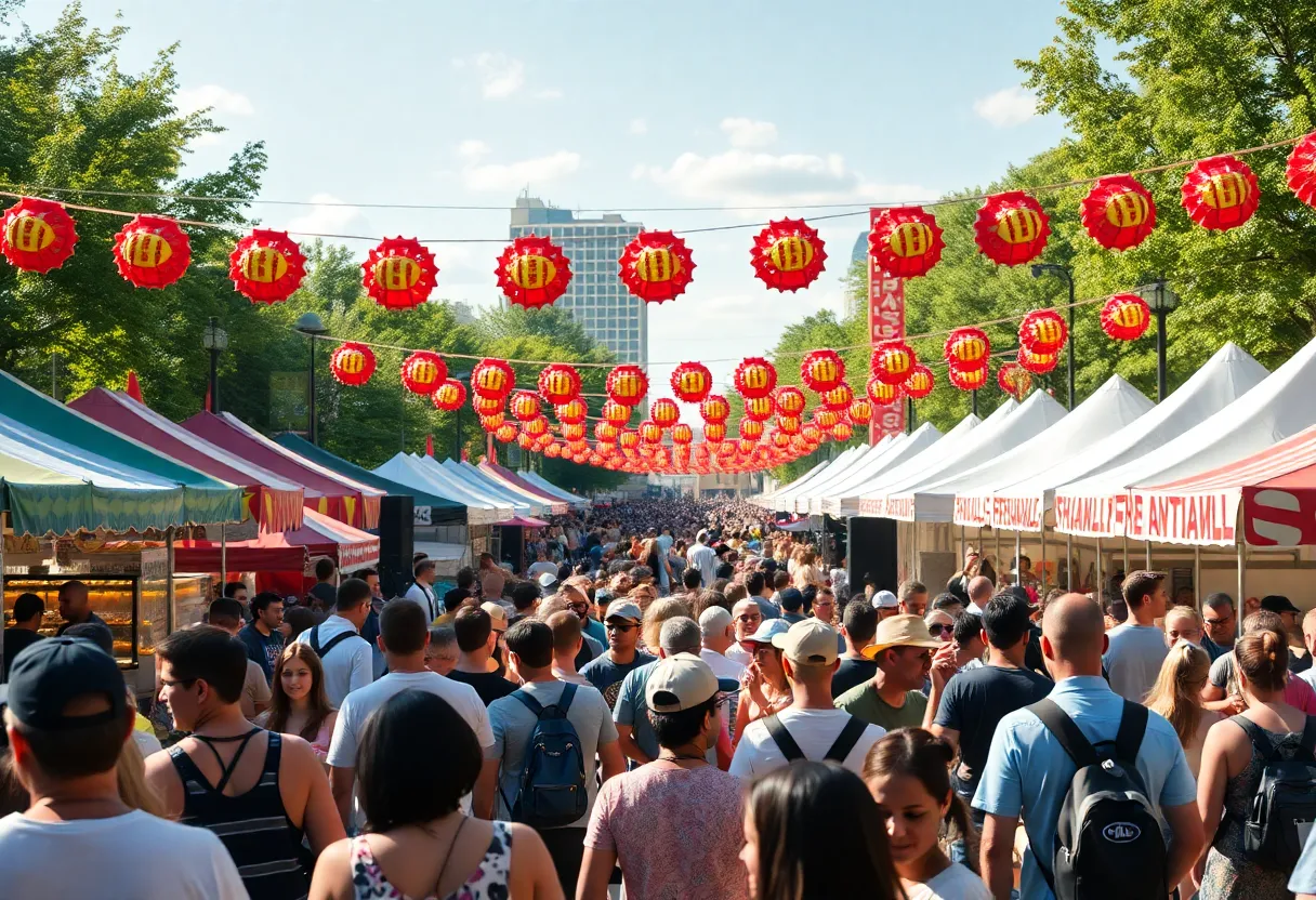 A bustling festival atmosphere in Atlanta during Labor Day Weekend with people enjoying various activities.