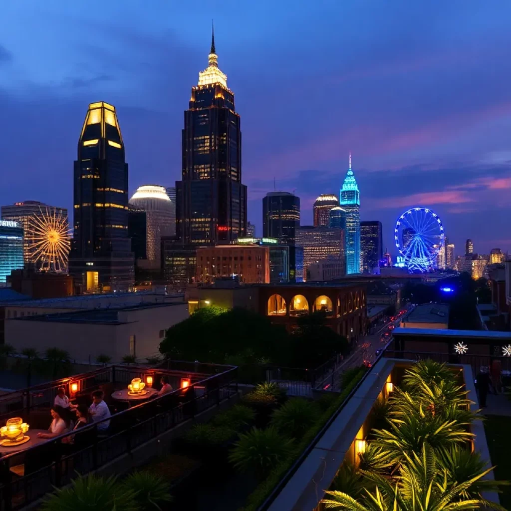 Vibrant nightlife scene in Atlanta with skyline and people enjoying outdoor spaces