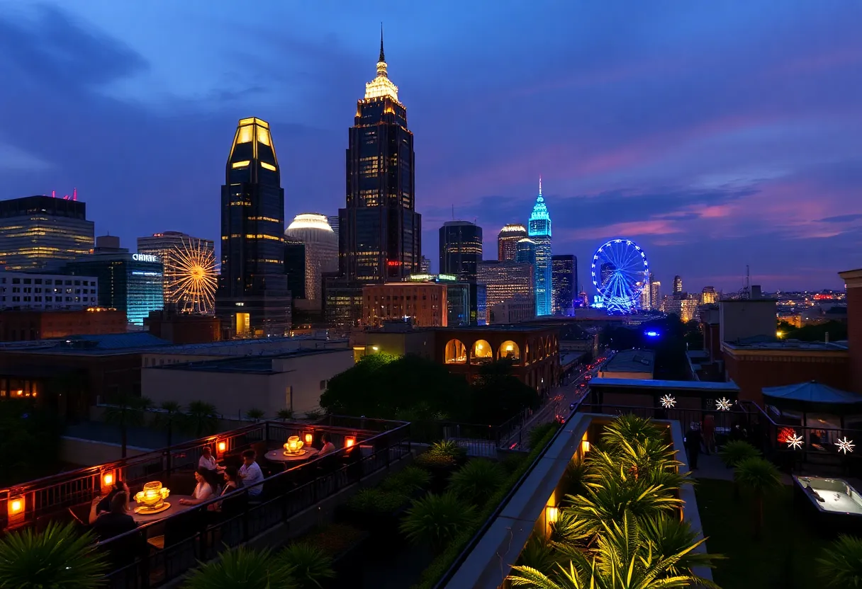 Vibrant nightlife scene in Atlanta with skyline and people enjoying outdoor spaces