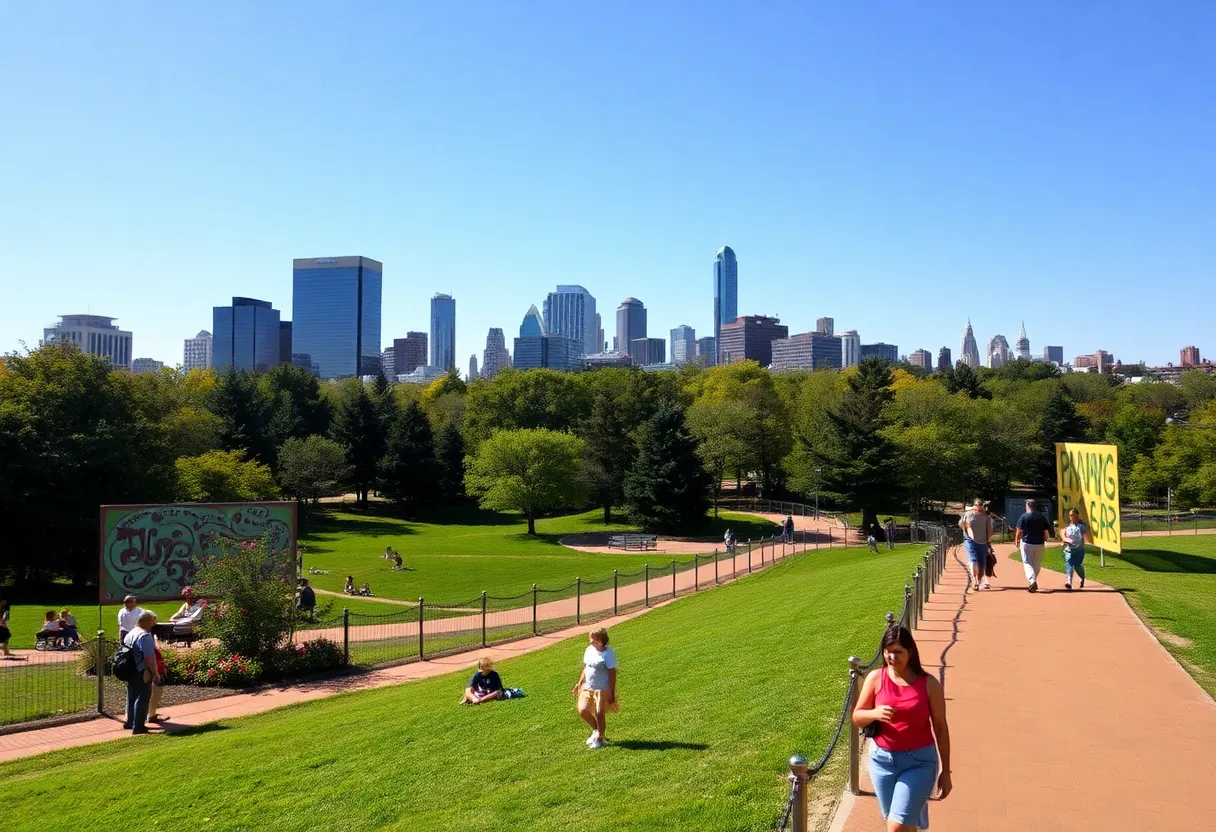 Families enjoying Piedmont Park near Atlanta's skyline