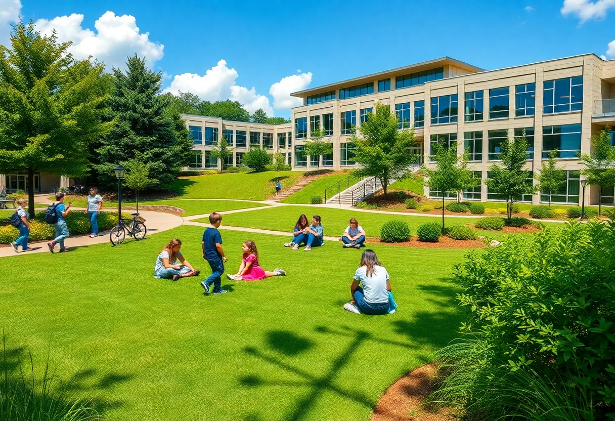 A beautiful private K-12 school campus in Atlanta with students learning outdoors.