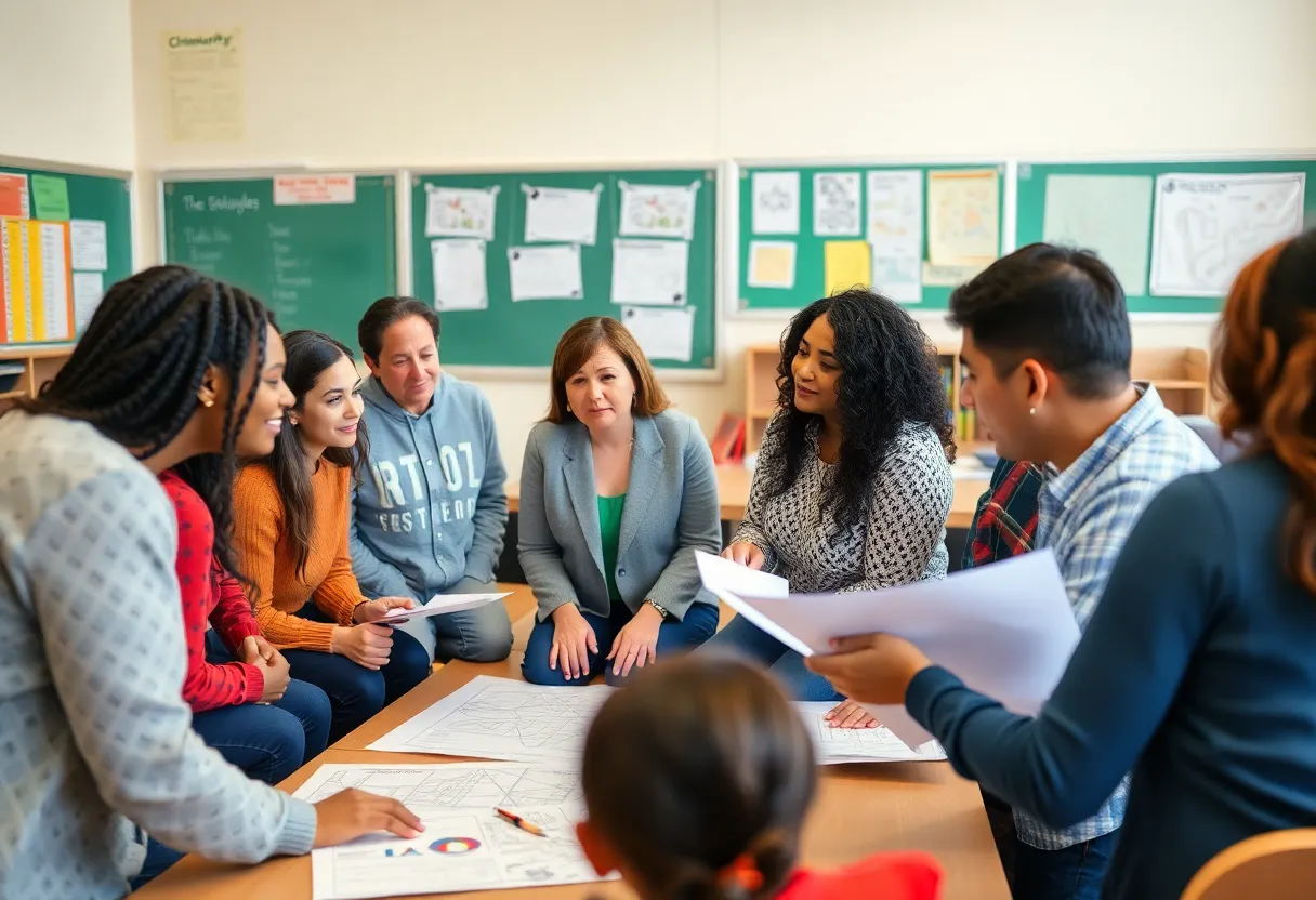 Parents and educators at a community meeting discussing school facilities
