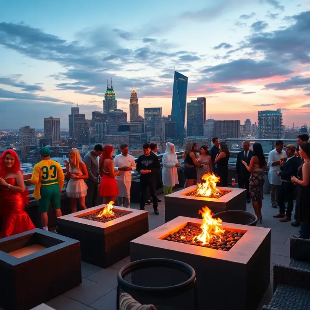 Guests enjoying the After-Con Rooftop Party in Atlanta with cocktails and city views