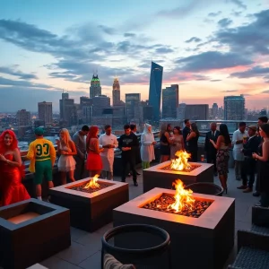 Guests enjoying the After-Con Rooftop Party in Atlanta with cocktails and city views