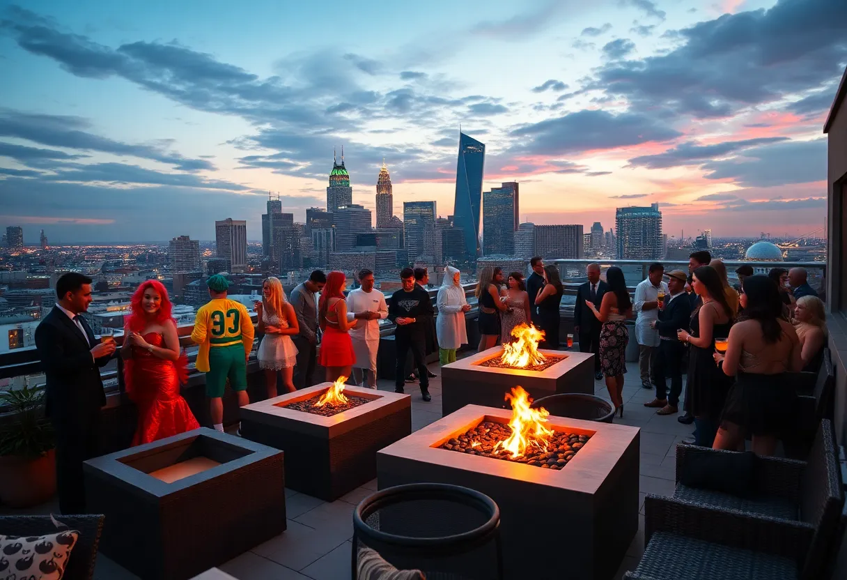 Guests enjoying the After-Con Rooftop Party in Atlanta with cocktails and city views