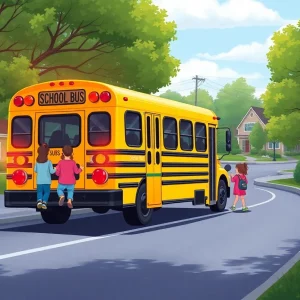 Illustration of a school bus with children disembarking safely