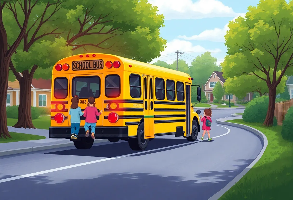 Illustration of a school bus with children disembarking safely