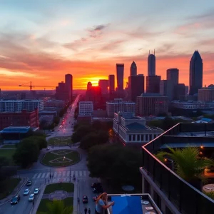 Scenic view of Atlanta skyline with sunset backdrop