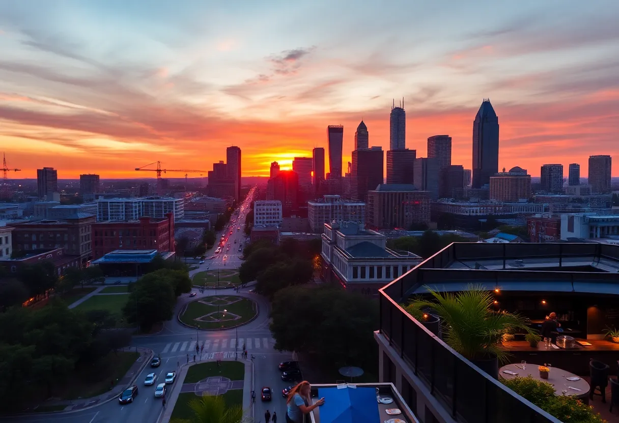 Scenic view of Atlanta skyline with sunset backdrop