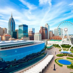 A panoramic view of Atlanta's skyline featuring popular tourist attractions.