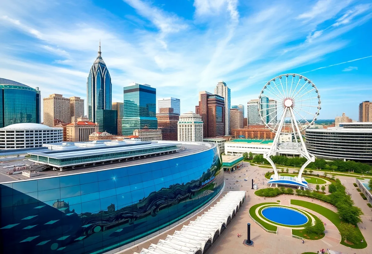 A panoramic view of Atlanta's skyline featuring popular tourist attractions.