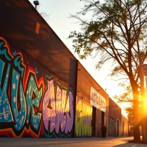 Colorful street art in Atlanta illuminated by the morning sun.